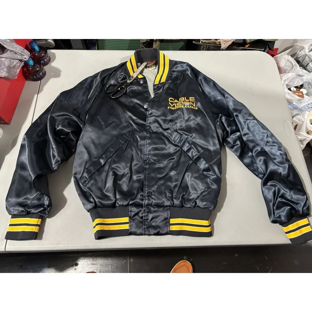 Vtg Black Satin Jacket M Cablevision Parsons Kansas Jacket